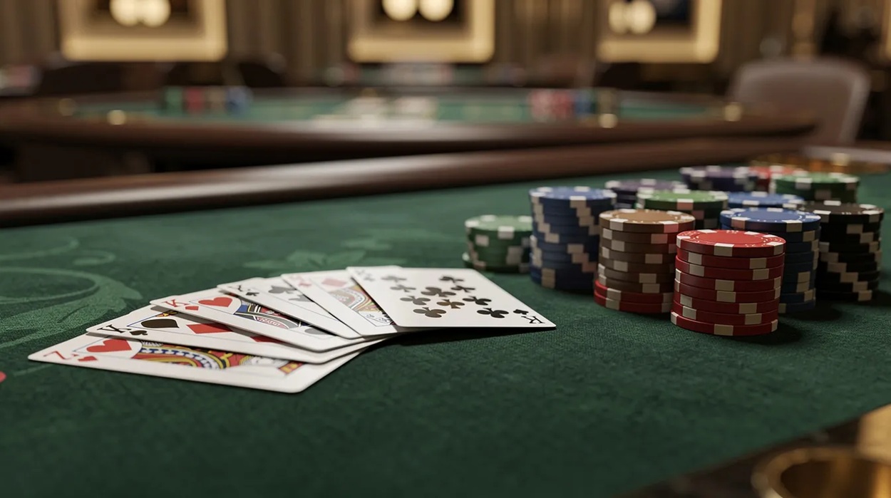 The image features a casino dealer-style table setup, complete with an array of cards and colorful chips, creating an inviting atmosphere reminiscent of live casino games. This setup represents the excitement of online casino experiences and traditional table games.