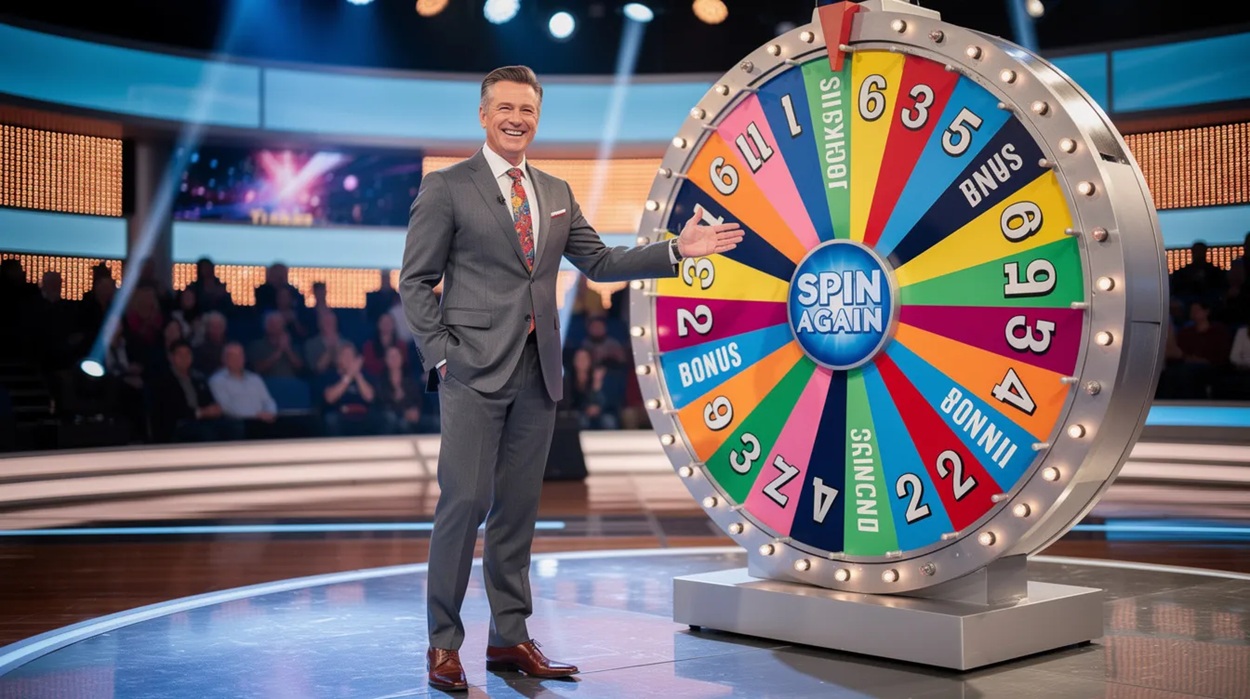 A game show host stands beside a vibrant spinning wheel in a lively studio, creating an engaging atmosphere reminiscent of popular live casino games. The colorful setup is designed to attract participants and viewers alike, offering an exciting experience akin to those found in online casinos.