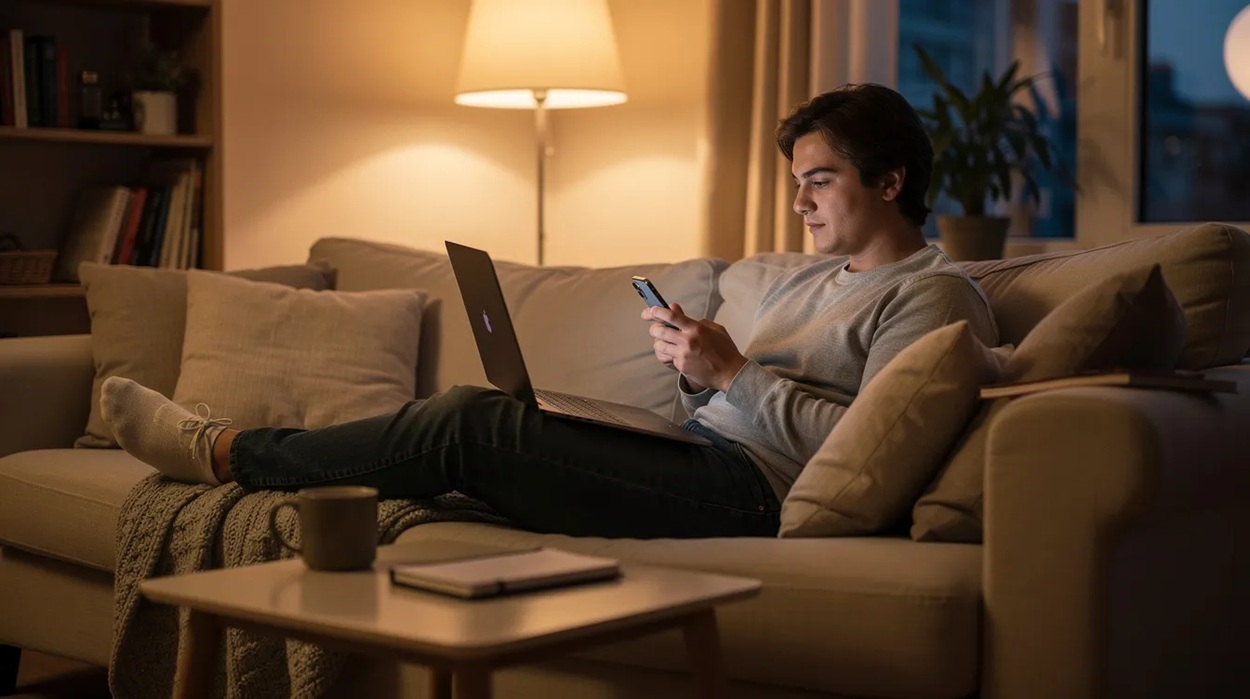 In a cozy home environment, a person is comfortably seated, using a smartphone in one hand and a laptop on a table, possibly exploring online casino games or engaging in live casino experiences. The relaxed atmosphere suggests a perfect setting for enjoying online slots or table games.