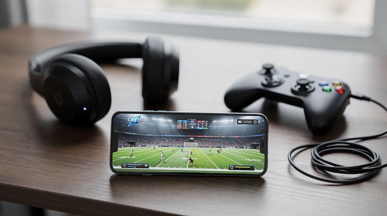 The image depicts a smartphone displaying a simulated sports event, with a pair of headphones and a game controller placed nearby, suggesting an engaging environment for mobile betting and online casino games. This setup is ideal for UK punters interested in sports betting markets and enjoying their favorite teams while placing wagers.