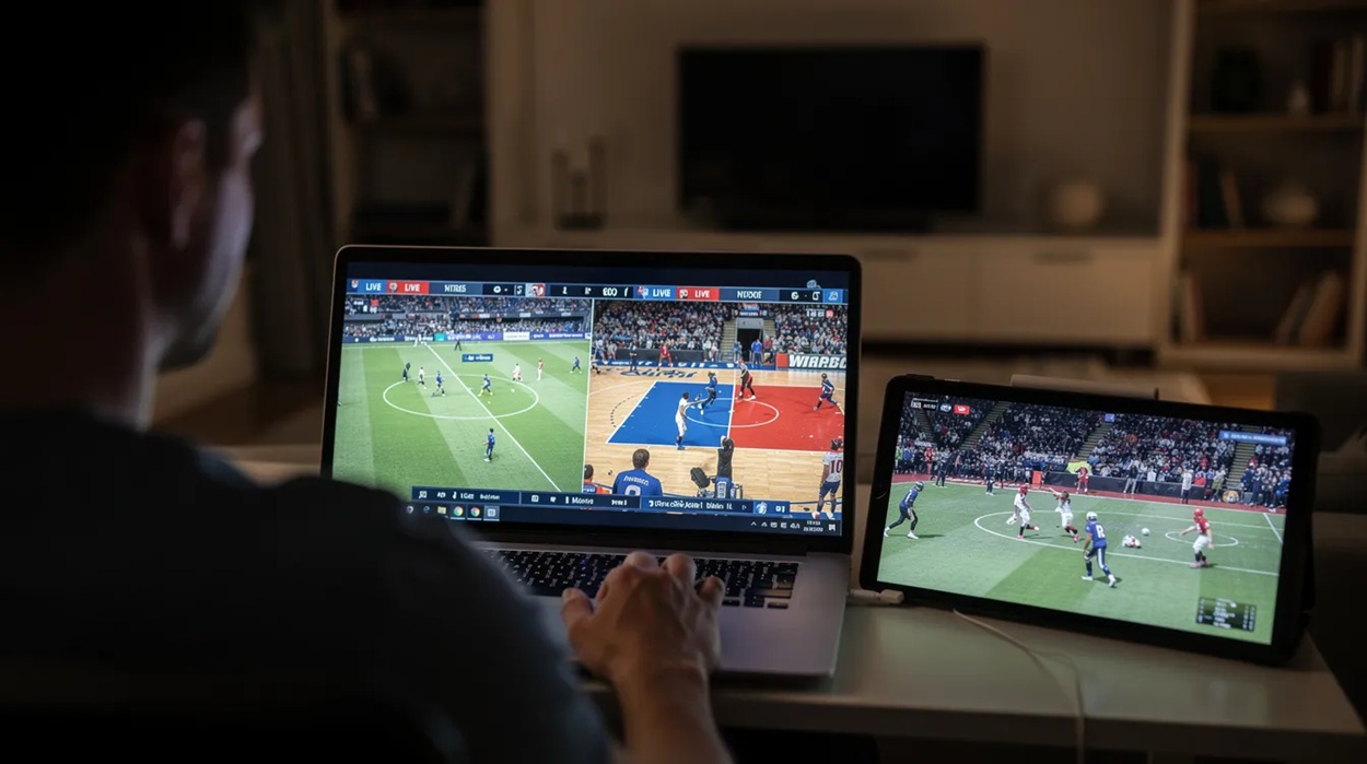 A person is intently watching multiple live sports screens displayed on a laptop and tablet, engaging with various sports betting markets. The scene captures the excitement of online sports betting, highlighting the convenience of mobile betting for fans following their favorite teams.