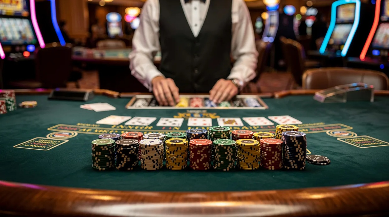 The image features a casino dealer's table adorned with playing cards and colorful chips, typical of live casino games. This setup is inviting for players looking to engage in exciting card games, reflecting the vibrant atmosphere of an online casino.