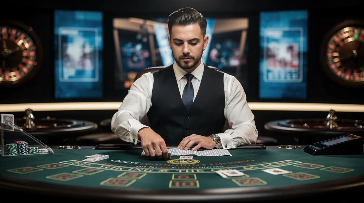 A professional casino dealer is skillfully handling cards at a live dealer table studio, creating an immersive atmosphere for live casino games. The setup showcases a modern gaming environment, emphasizing the excitement of online casino experiences.