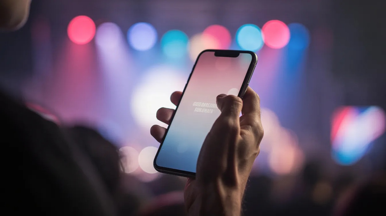 A person is holding a smartphone, illuminated by vibrant entertainment lights in the background, suggesting a lively atmosphere reminiscent of an online casino. The scene evokes excitement, possibly hinting at engaging casino games or live betting options available on the device.