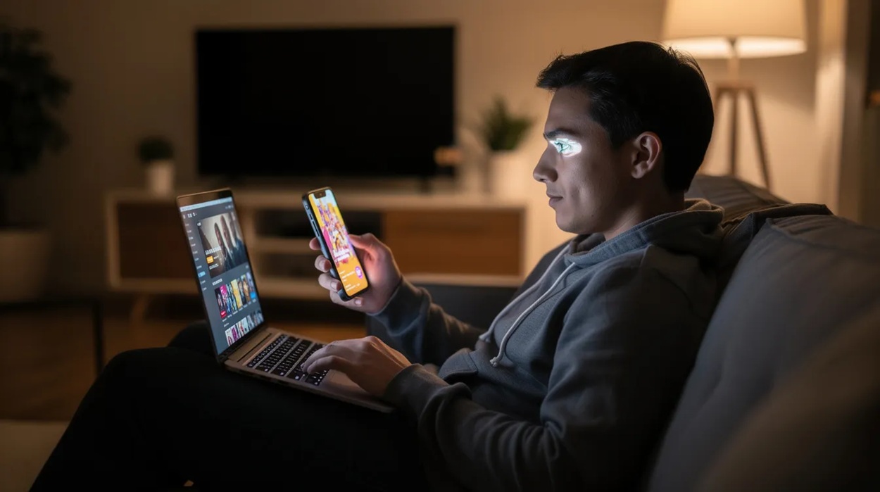 The image depicts a person comfortably seated with a smartphone in one hand and a laptop on a table, engaged in online entertainment, possibly exploring various casino games or sports betting options. The scene suggests a modern approach to gaming, highlighting the convenience of accessing online casinos and live dealer tables from multiple devices.