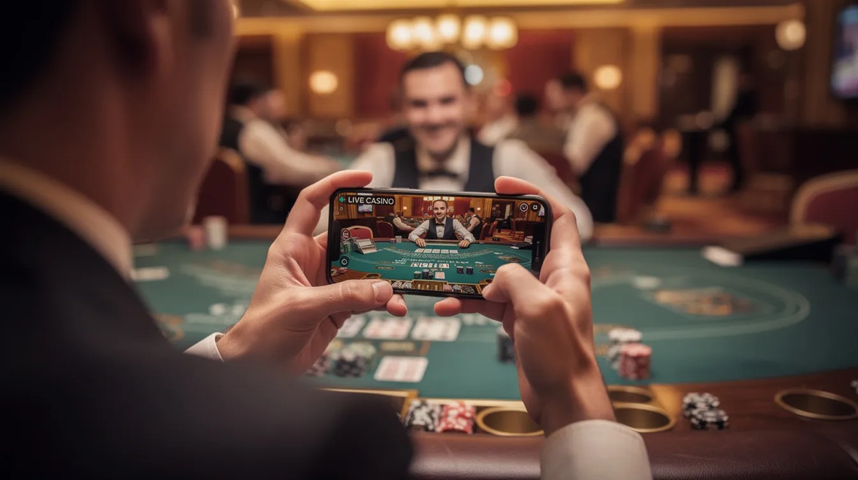 A player is holding a smartphone, intently watching a live casino table, where a live dealer is presenting casino games like blackjack and roulette. The scene captures the excitement of online casino gaming, showcasing the convenience of accessing live dealer tables from mobile devices.