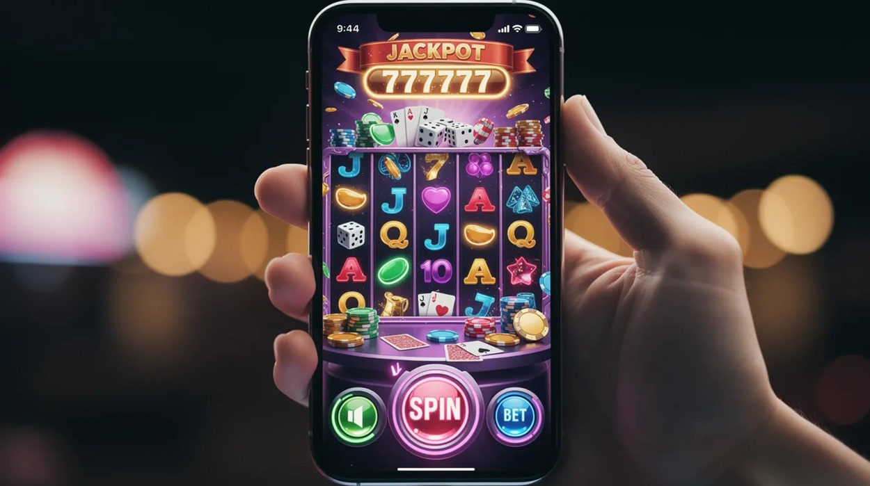 The image features a vibrant mobile phone displaying a colorful casino-style game screen, showcasing various animated symbols and graphics typical of online casino games. This lively scene captures the excitement of online slots and other casino games, creating an engaging online casino experience.